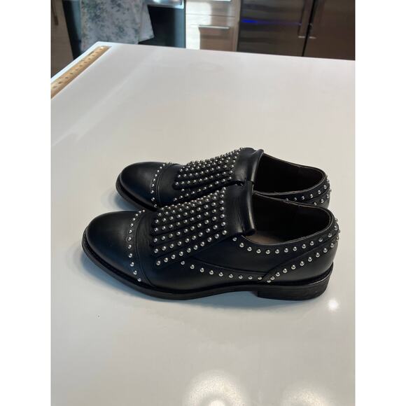 BOEMOS Black Silver Leather Studded Fringe Wingtip Slip On Loafers Size 36 - Picture 12 of 13